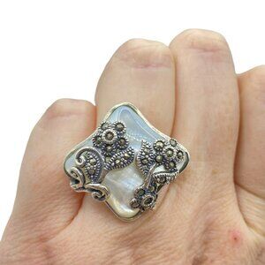 Vintage Sterling Silver Mother Of Pearl Marcasite Ring Size 6.75 Floral Statemen